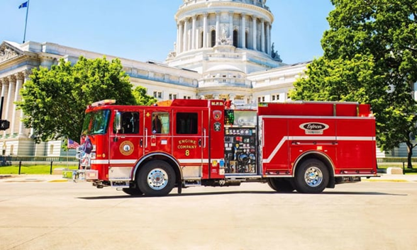 Electric fire truck parked in front of the Washington State Capitol building. Photo source: Pierce Volterra Fire Truck